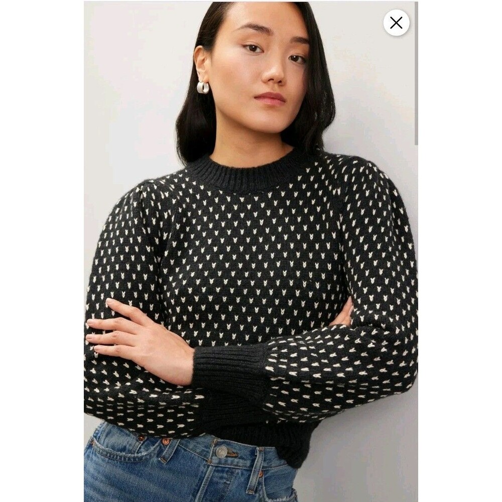 EUC Marine Layer Alma Women's Puff Sleeve Sweater Cotton Soft Black White Medium - Picture 3 of 13